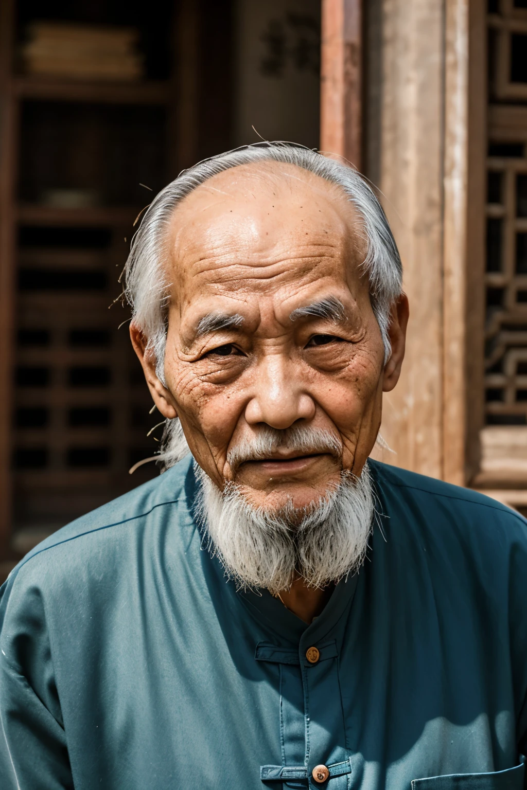 An old man with traditional Chinese thoughts,Real frontal photos,Authentic background,The background is nature,holding books,worn-out clothing,The face is covered with wrinkles,80-year-old Chinese medicine practitioner,insight,The beard has turned white,male,country style,Keep your head empty