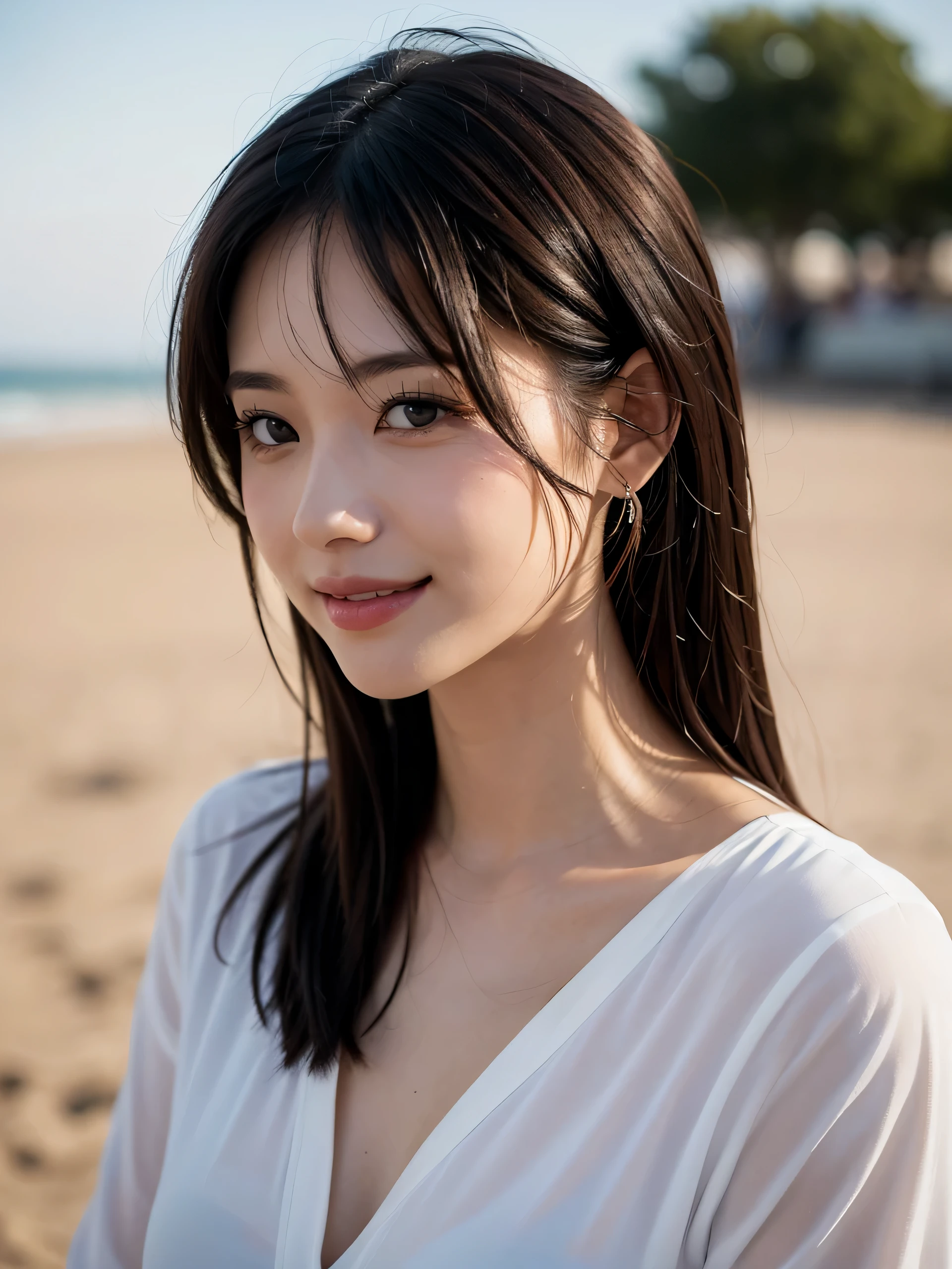 Upper body、avert your eyes、cute japanese girl, gentle features、super cute face、glossy lips、double eyelids in both eyes、natural makeup, smile, eye highlights, long eyelashes are bright, medium hair, Smooth light brown hair、hair swaying in the wind, bangs、center image、8K、high detail、detailed hairstyle、detailed face、great movie lighting、octane rendering、vibrant、surreal、perfect limbs、perfect anatomy, beautiful proportions, blouse,