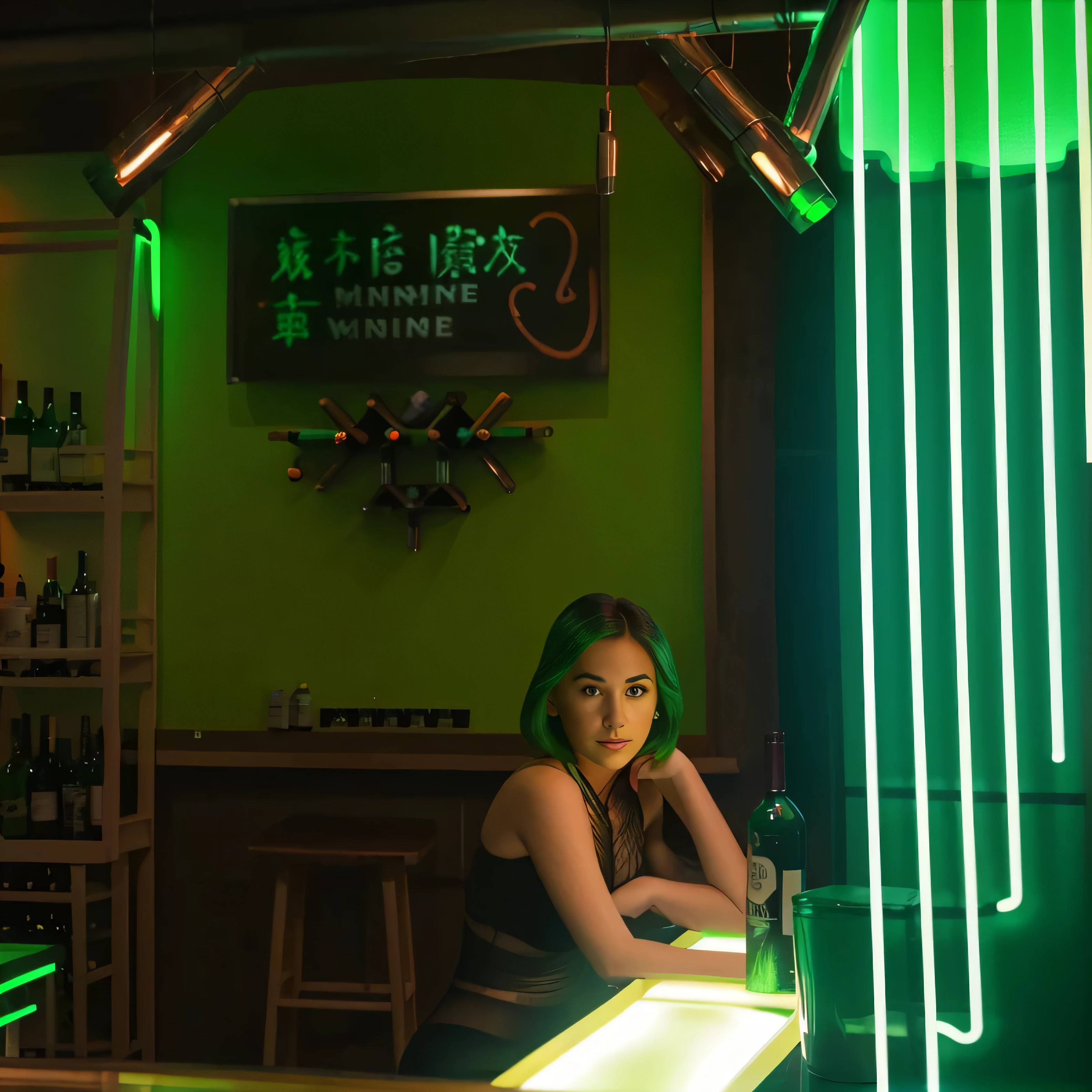 There was a man sitting on a stool, Dramatic green lighting, visual effects shoot, green ambient light, green neon, 在bar,There is a wine bottle next to it,bar,氛围感bar