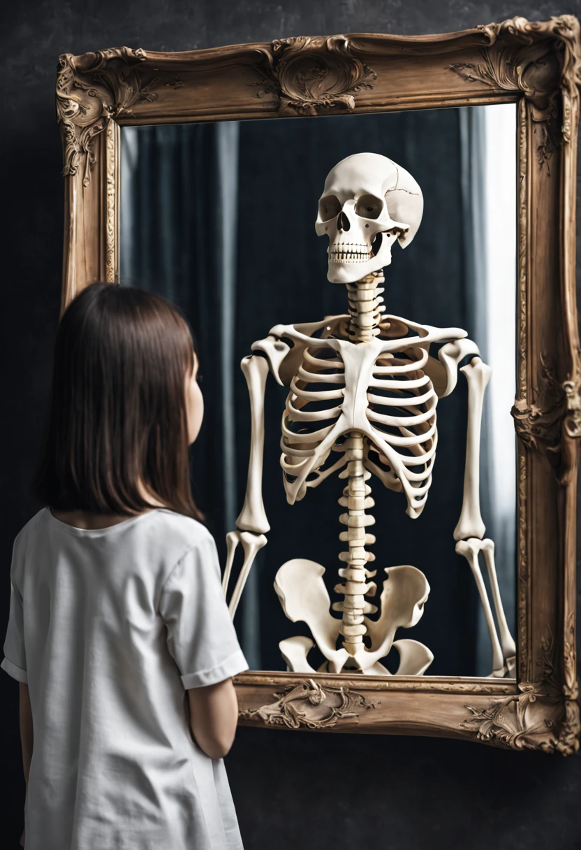 Visual illusion,Girl looking in the mirror,human skeleton in mirror。