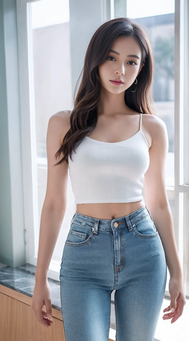 arafed woman in a white top and jeans posing for a picture, a marble sculpture inspired by Wang Yuanqi, trending on cg society, superflat, physical : tinyest midriff ever, beautiful midriff, midriff