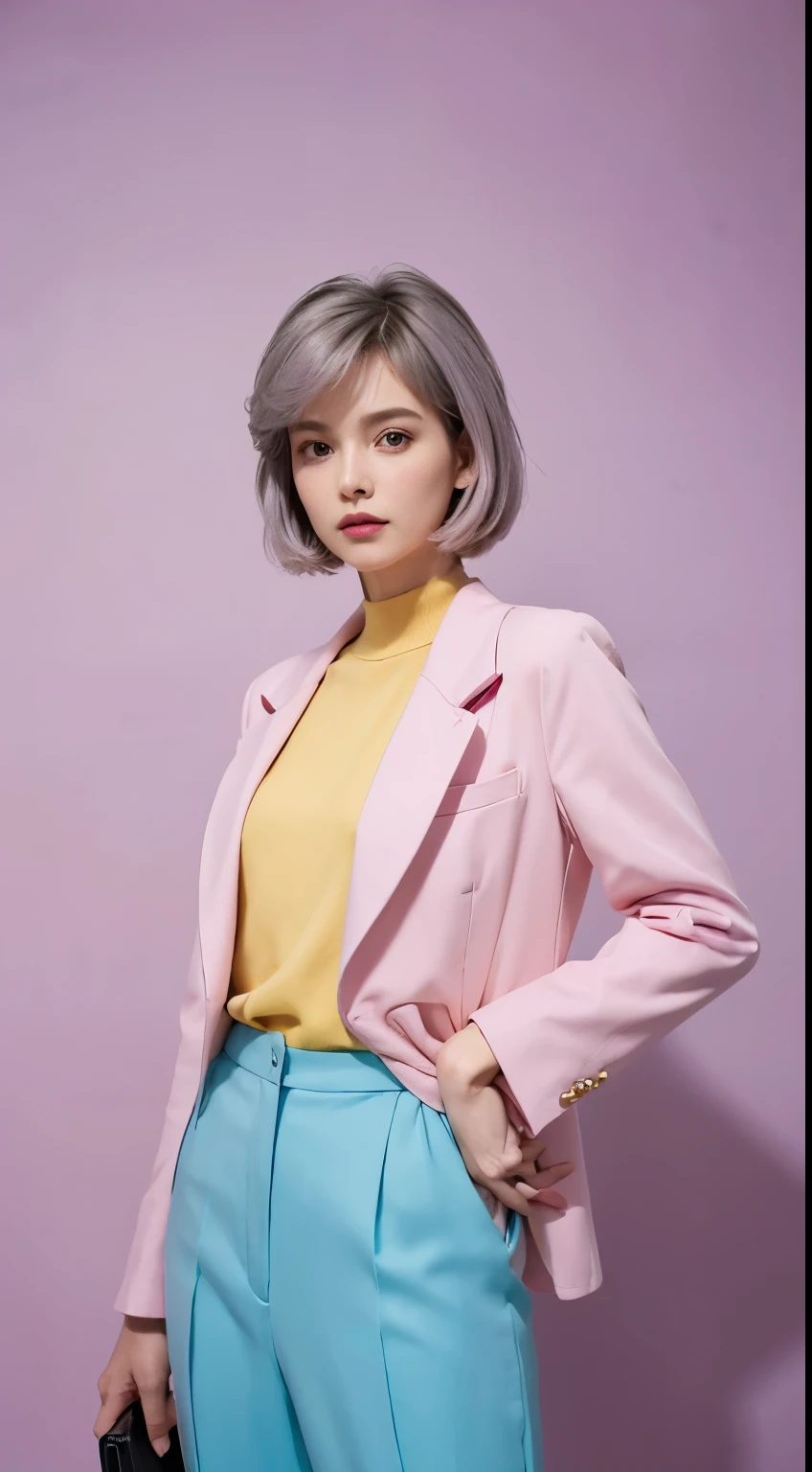 Vogue style photoshoot, Clarity, 4k, 8k, detail, actual, Beautiful Girl, wear pastle blazer, inner wear, pastle pants, black lips, pink and blue mullet haircut, Perfect body, thigh, stand, pose standing, medium chest, Wes Anderson style, pastle color background in Wes Anderson style