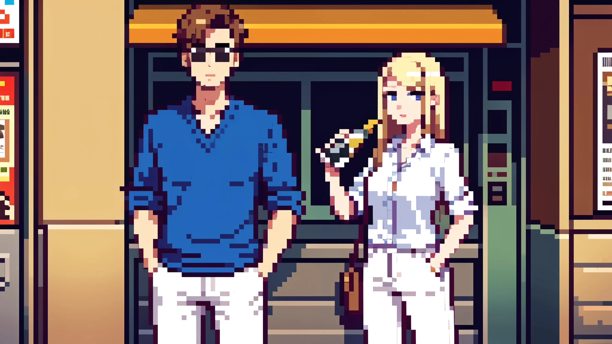 araffes man and woman standing on the street taking a picture with phone, white pants, lovely couple, wearing a linen shirt, in the city, style of julia razumova, in city street, smart casual, couple, wearing elegant casual clothes, couple pose, on a street, by Lee Loughridge, drinking champagne