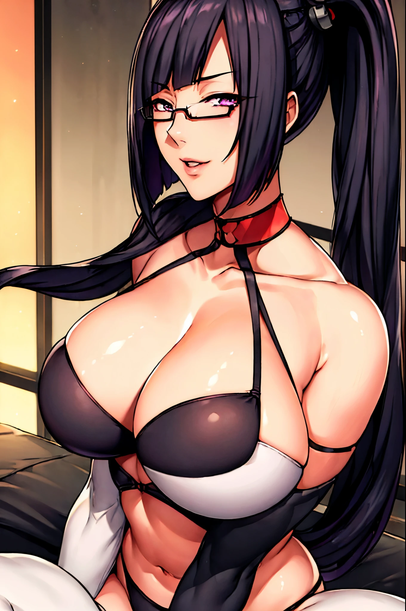 (Night:1.7), Japan, cyberpunk, CityView, Before Window,Indoors, In the bedroom,
Sitting on bed,
bare shoulders, barefoot, cleavage, collarbone,lace,white lingerie,navel,white panties, see-through,thighs,white underwear, garter straps,thighhighs,white bra,garter belt with white pantyhose,
Black_Choker,
semi-rimless eyewear, black hair, very long hair, ponytail,Bangs,purple eyes, 1 girl, 20yo,Young female,Beautiful Finger,Beautiful long legs,Beautiful body, Beautiful Nose,Beautiful character design, perfect eyes, perfect face,expressive eyes, perfect balance, looking at viewer,(Focus on her face), official art,extremely detailed CG unity 8k wallpaper, perfect lighting,Colorful, Bright_Front_face_Lighting,White skin, (masterpiece:1.0),(best_quality:1.0), ultra high res,4K,ultra-detailed, photography, 8K, HDR, highres, absurdres:1.2, Kodak portra 400, film grain, blurry background, bokeh:1.2, lens flare, (vibrant_color:1.2),professional photograph, (Beautiful,huge_Breasts:1.4), (beautiful_face:1.5),(narrow_waist)