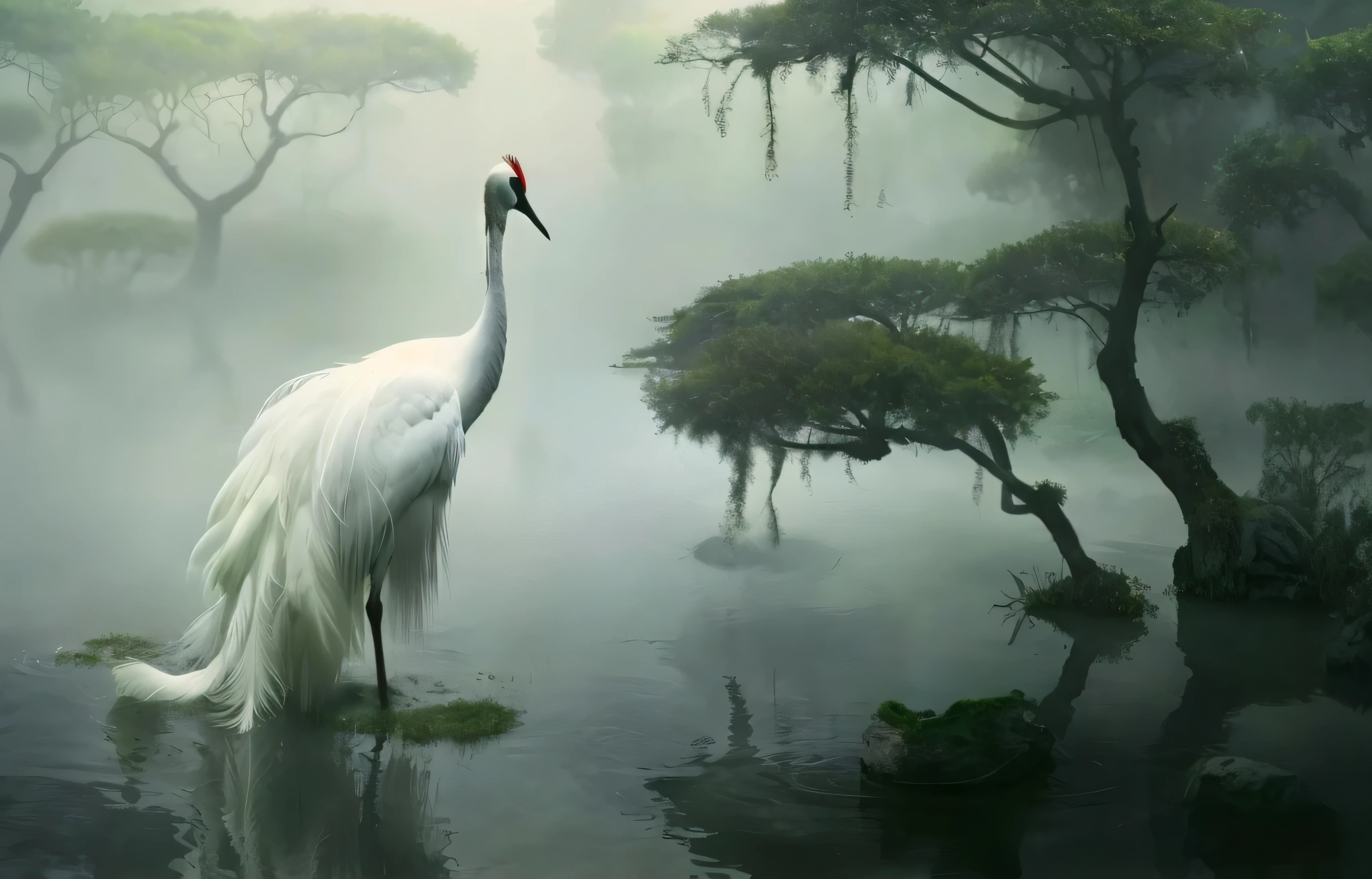 there is a white bird standing in the water with trees in the background, japanese crane bird in center, crane, peaceful and graceful, by Shen Quan, by Ji Sheng, by Cheng Jiasui, by Wu Zhen, award winning nature photo, in a misty pond, beautiful digital artwork, by Liang Kai, by Fan Qi, inspired by Igor Zenin