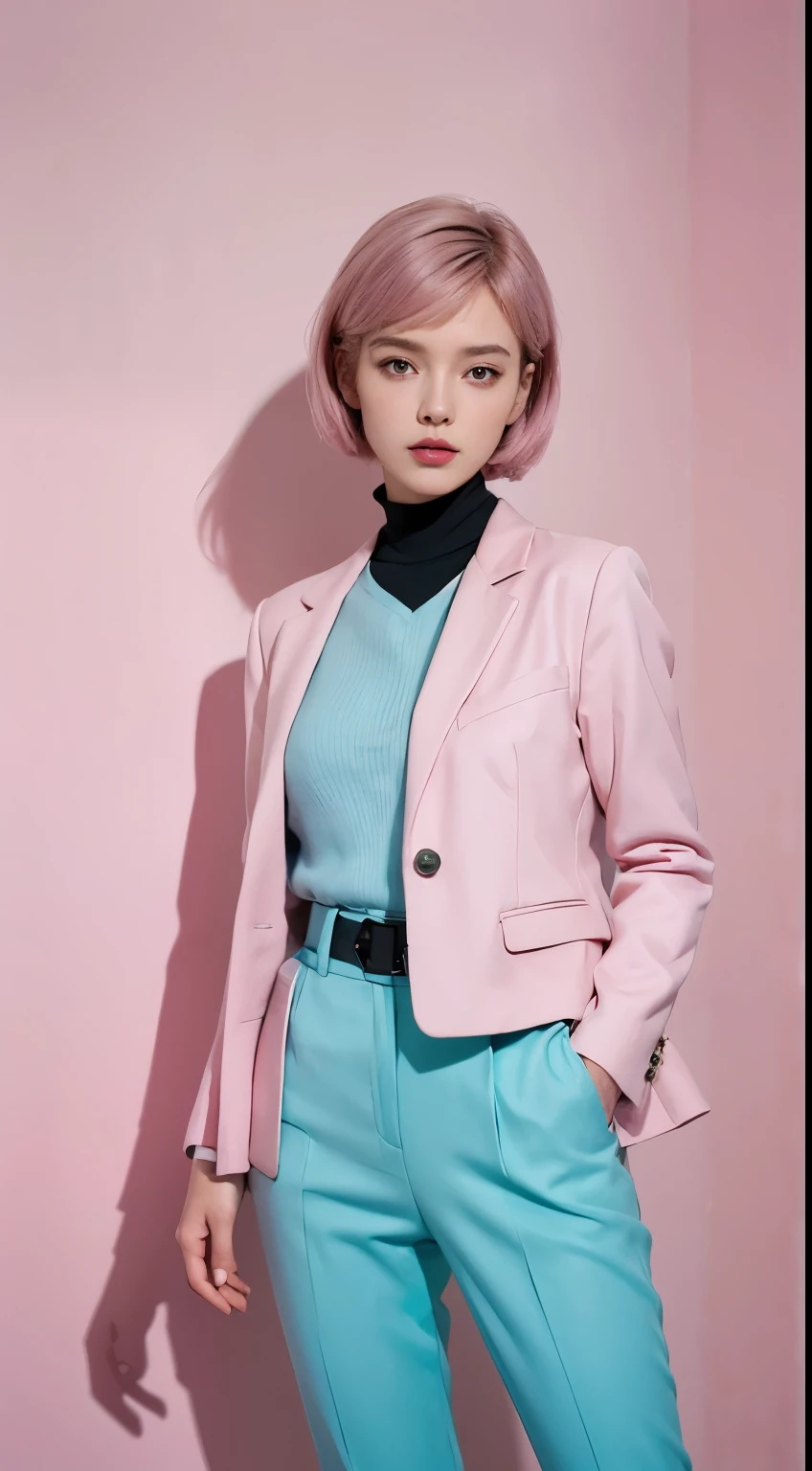 Vogue style photoshoot, Clarity, 4k, 8k, detail, actual, Beautiful Girl, wear pastle blazer, inner wear, pastle pants, black lips, pink and blue mullet haircut, Perfect body, thigh, stand, pose standing, medium chest, Wes Anderson style, pastle color background in Wes Anderson style