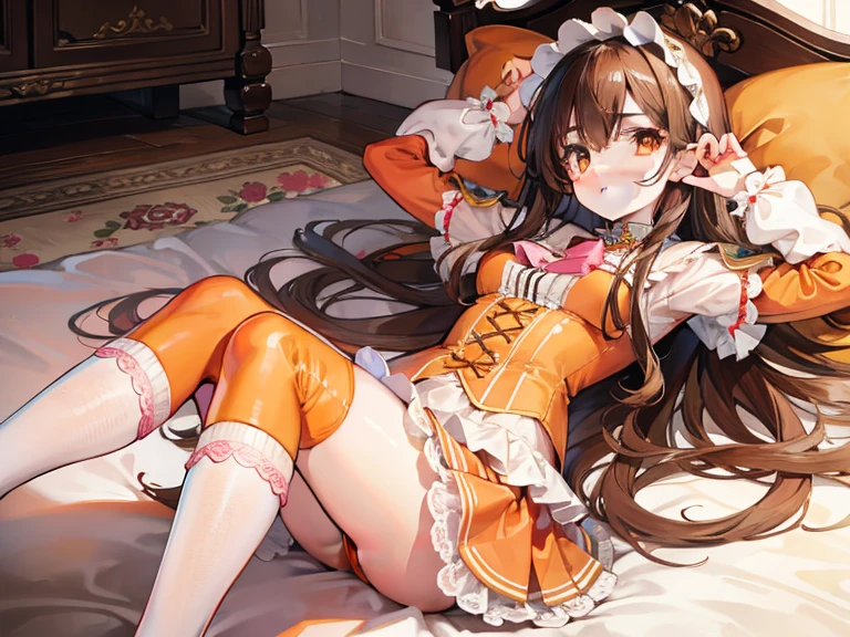 brown hair，long hair，brown hair，orange eyes，Orange eyes，Pink Lolita，knee high socks，Baroque rooms，lying on the bed