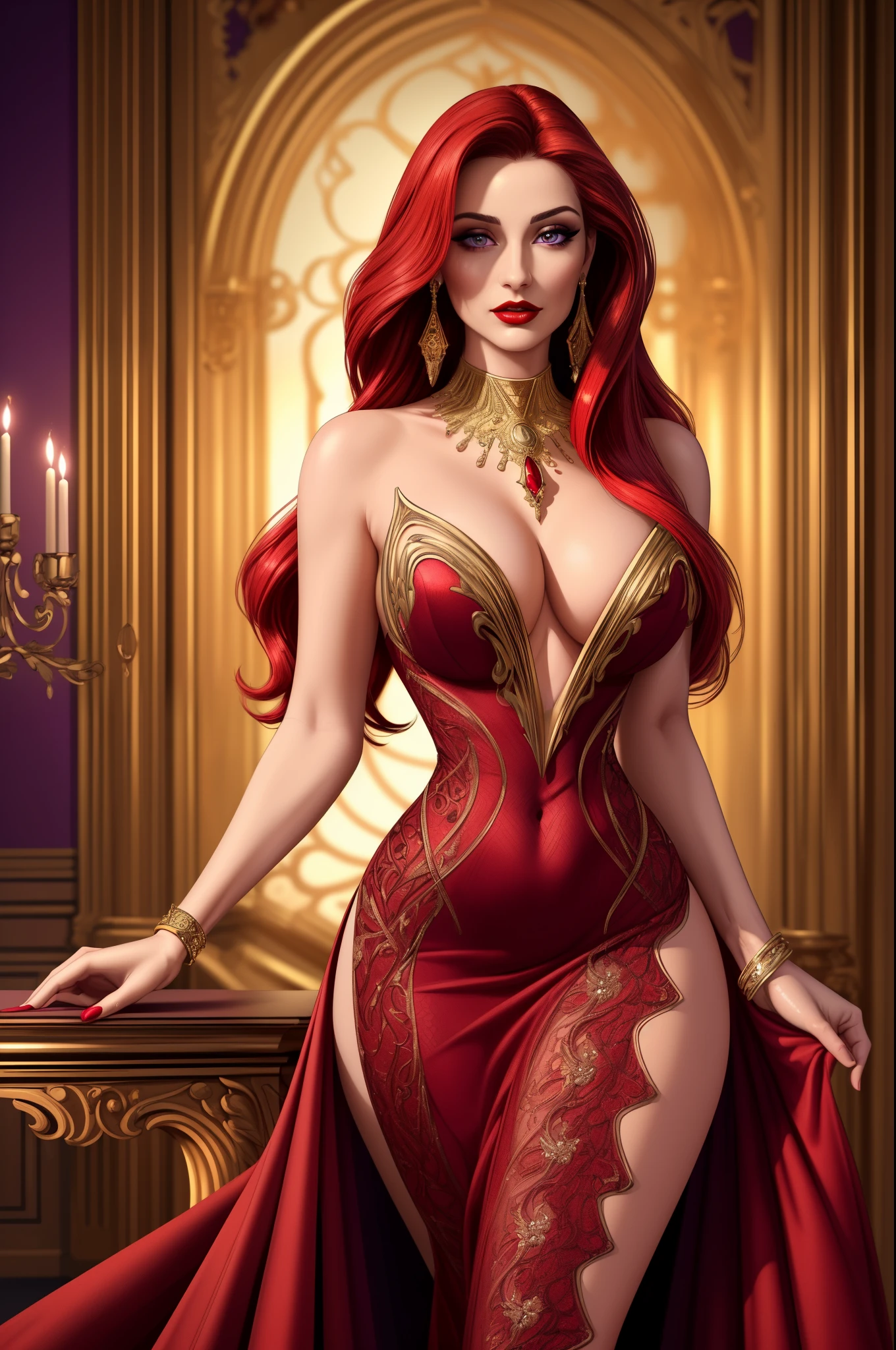 (best quality,4k,8k,highres,masterpiece:1.2),ultra-detailed,realistic, sexy woman, beautiful detailed eyes, beautiful detailed red lips, elegant purple dress, long flowing golden hair, hourglass figure, graceful pose, soft lighting, glamorous ambiance, fine art, vibrant colors, crimson hair