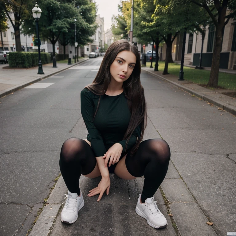 Brunette long hair, black long hair, emerald green eyes, big green eyes, cute nose, sexy lips, perfect face shape, 25 years old model, in a pair of black tights, a white top,a pair of white sneakers, (random location) (random pose)
