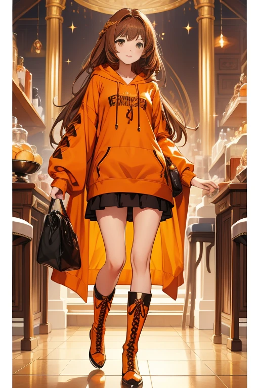 HD clarity, Superb CG of female characters, Seductive brown hair, eyes that sparkle like jewels, look straight at the camera, Dress with a sense of design, orange long hoodie，knee high socks，Laced boots