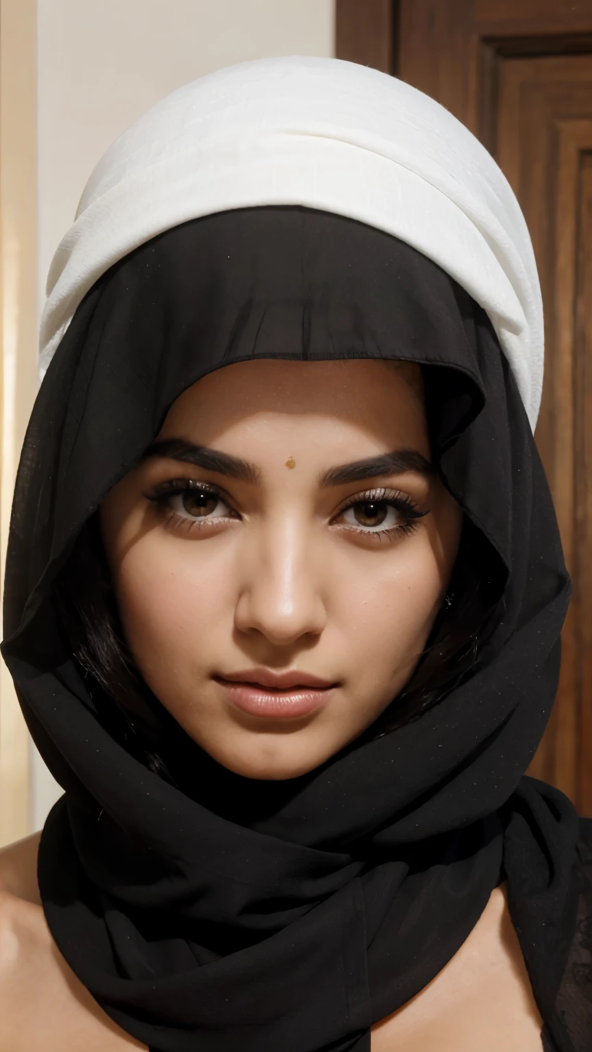 araffe woman in a black scarf and a black head scarf, beautiful iranian woman, pale-skinned persian girl, arab ameera al taweel, very very very beautifull face, attractive female face!!!, very very beautiful woman, very beautiful face, beautiful arab woman, arab ameera al-taweel, beautiful face detail,big , cleavage,kissing the black dick