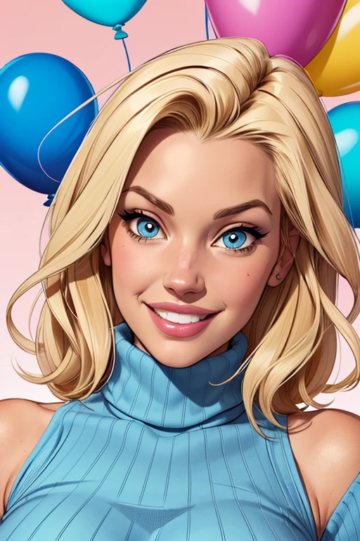 (cartoon style:1.2), Drawings of ([Jessica Simpson|Jennifer lawrance]), wearing a baggy turtleneck sweater, A big smile, perfect eyes, detailed face, party background, fun posing, flirty look, Hanabubuki, balloon