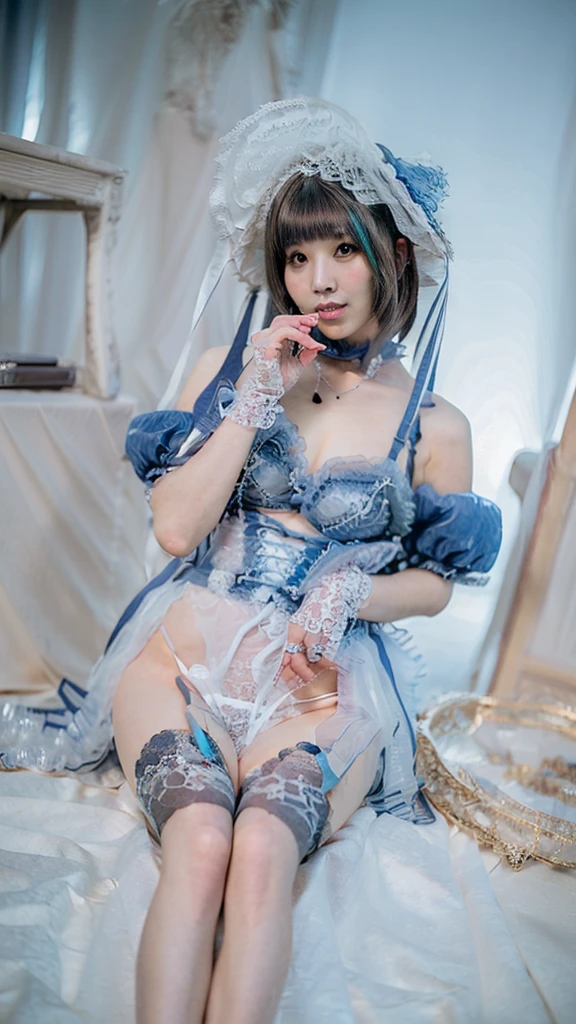 (lingerie:1.3), Takanobu Fujiwara(Takanobu Fujiwara)Digital rendering inspired by, pixiv, rococo, Victoria Gothic ta Fashion, Lolityle,lolita fon, one-piece,She is lying on a bed in the palace kitchen,petticoat,open your legs, (Detailed description of the garment), cold, White skin, (Detailed description of blush), 1080p,8k wallpaper、Top  Quality