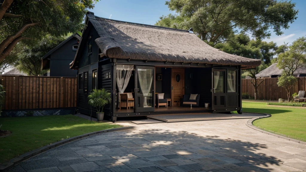 Black container house, thatched roof, high quality images, realistic photos, 4k quality, clear
