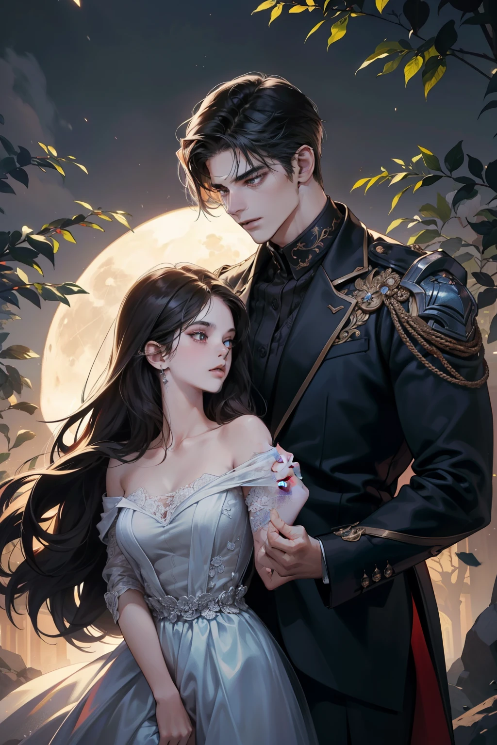 Wolf, a male werewolf holding a beautiful girl under the exquisite features of a moonlit night. His chiseled jawline and piercing eyes were illuminated by the soft glow of the moon, casting intriguing chiaroscuro shadows on his perfectly sculpted face. With a smart look in his eyes, the werewolf lovingly gazed into the anime-inspired, hyperrealistic beauty of the girl's features. The scene radiated romance as they stood in the midst of a very romantic background. Every detail of their bodies and the surroundings were rendered with extreme care, displaying high detail and sharp focus. (Photo realistic: 1.2), (extremely