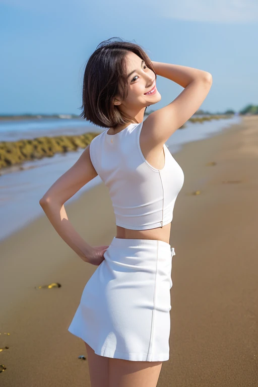 Beautiful Japanese woman standing on the sandy beach by the sea, A woman who stretches her back and shows her navel, high teenager,
(Photo Details:Full body photo taken from the front, Standing facing forward, Shot straight ahead, full body shot,The photo was taken from a camera height of 50cm above the ground.)
(facial details:long eyes, beautiful eyes, Eye pupils are black, looking at the camera, elongated facial contour, Smile a little,sharp cheeks, round chin, clean nose, round chin, Bob cut brown hair)
(Body details:Height: 155cm, bust 79cm, Waist 55cm, Hip 85cm, Healthy thighs, barefoot, Rest your left foot, The navel is visible)
(detailed costumes:White sleeveless shirt,白地に青色で大きい水玉模様のWhite sleeveless shirt, white mini skirt, ひらひらでwhite mini skirt)