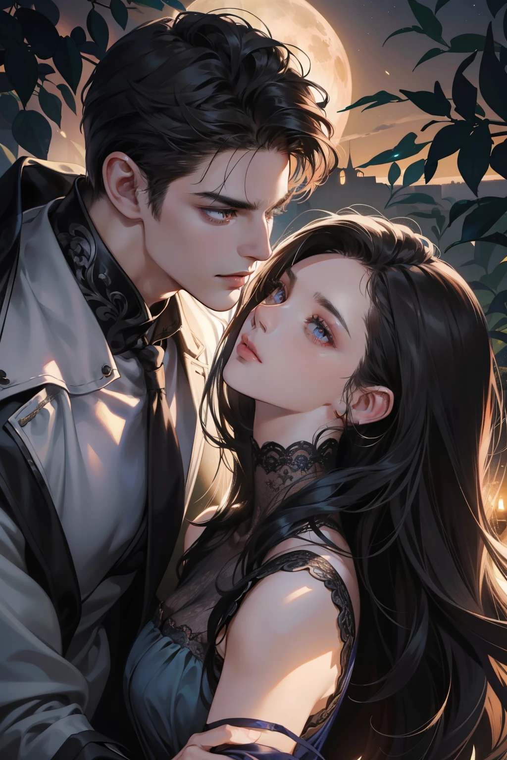 Teen Wolf, a male werewolf holding a beautiful girl under the exquisite features of a moonlit night. His chiseled jawline and piercing eyes were illuminated by the soft glow of the moon, casting intriguing chiaroscuro shadows on his perfectly sculpted face. With a smart look in his eyes, the werewolf lovingly gazed into the anime-inspired, hyperrealistic beauty of the girl's features. The scene radiated romance as they stood in the midst of a very romantic background. Every detail of their bodies and the surroundings were rendered with extreme care, displaying high detail and sharp focus. (Photo realistic: 1.2), (extremely
