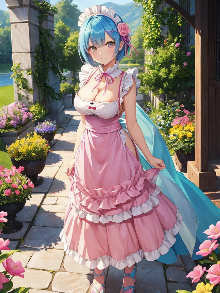 (masterpiece, highest quality),Re:zero, 2 girls(one person: blue hair, short hair, bangs, Green and yellow eyes),(もうone person:pink hair,short hair,pink eyes) , hair between eyes, hair ornaments, maid headdress, hair flower, side lock, medium breasts, neck ribbon, cleavage cutout, side boob, naked apron, looking at the viewer, dynamic pose, smile,happiness,low length,