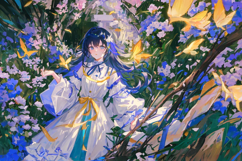 masterpice, (Best quality), ((best detail)), Depth of field, A beautiful girl, Nature, Spirit, Blossom, Colorful scenery, Flowers, butterflys, glowing dress, Older employees, element in