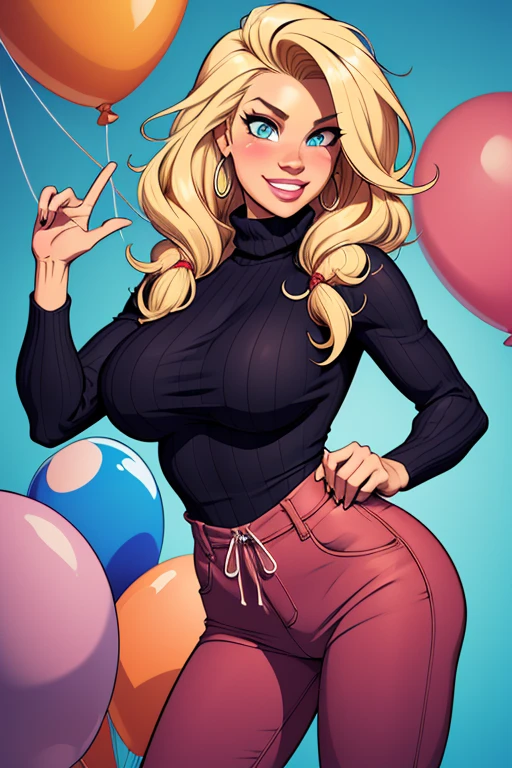 (cartoon style:1.2), Drawings of ([Jessica Simpson]), wearing a baggy turtleneck sweater, A big smile, perfect eyes, detailed face, party background, fun posing, flirty look, Hanabubuki, balloon