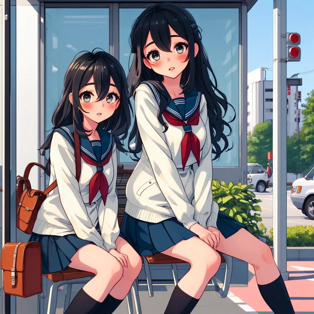 ground vehicle, motorbike, , long hair, motor vehicle, sitting, skirt, black hair, serafuku, looking at viewer, 1boy, bag, socks, pleated skirt, jacket, neckerchief, hair between eyes, blush, long sleeves, sailor collar, multiple girls, outdoors, red neckerchief, bangs, pants, white shirt, shirt, parted lips, day, tree, 1girl, between legs, hand between legs, building, bow, wavy hair, window