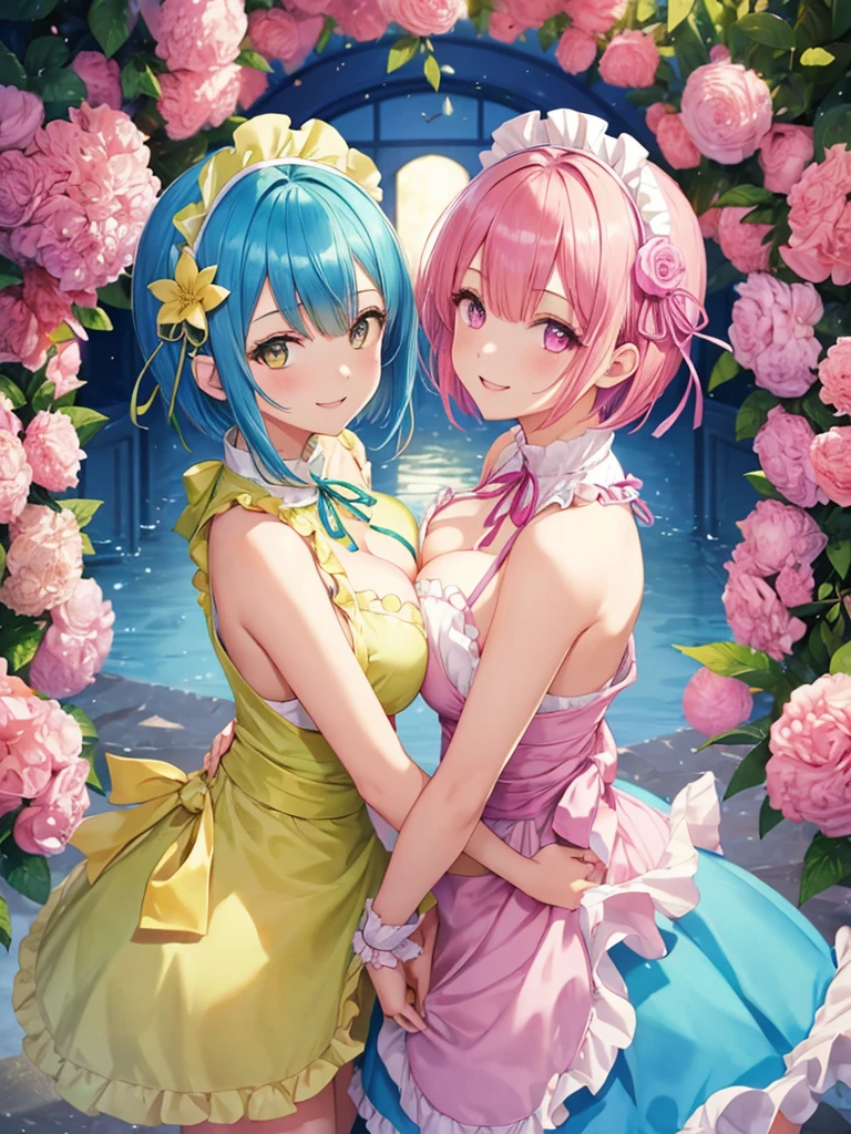 sky Blue hair, (braided ponytail),(pink eyes),fair skin ,(full body),(1 girl),bride,blush,Straight Bangs, June Bride,Wedding dress,(masterpiece, best quality, ultra-detailed, best shadow), (detailed background), (beautiful detailed face), high contrast, (best illumination, an extremely delicate and beautiful), ((cinematic light)), colorful, hyper detail, dramatic light, intricate details,Wedding hall, Balloons flying in the sky,