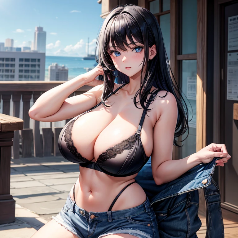 1girl,black hair,blue eyes,big ,G cup,thicc,wearing denim shorts,black bra,absurdres,high res,ultrasharp,8K, masterpiece,looking at viewer