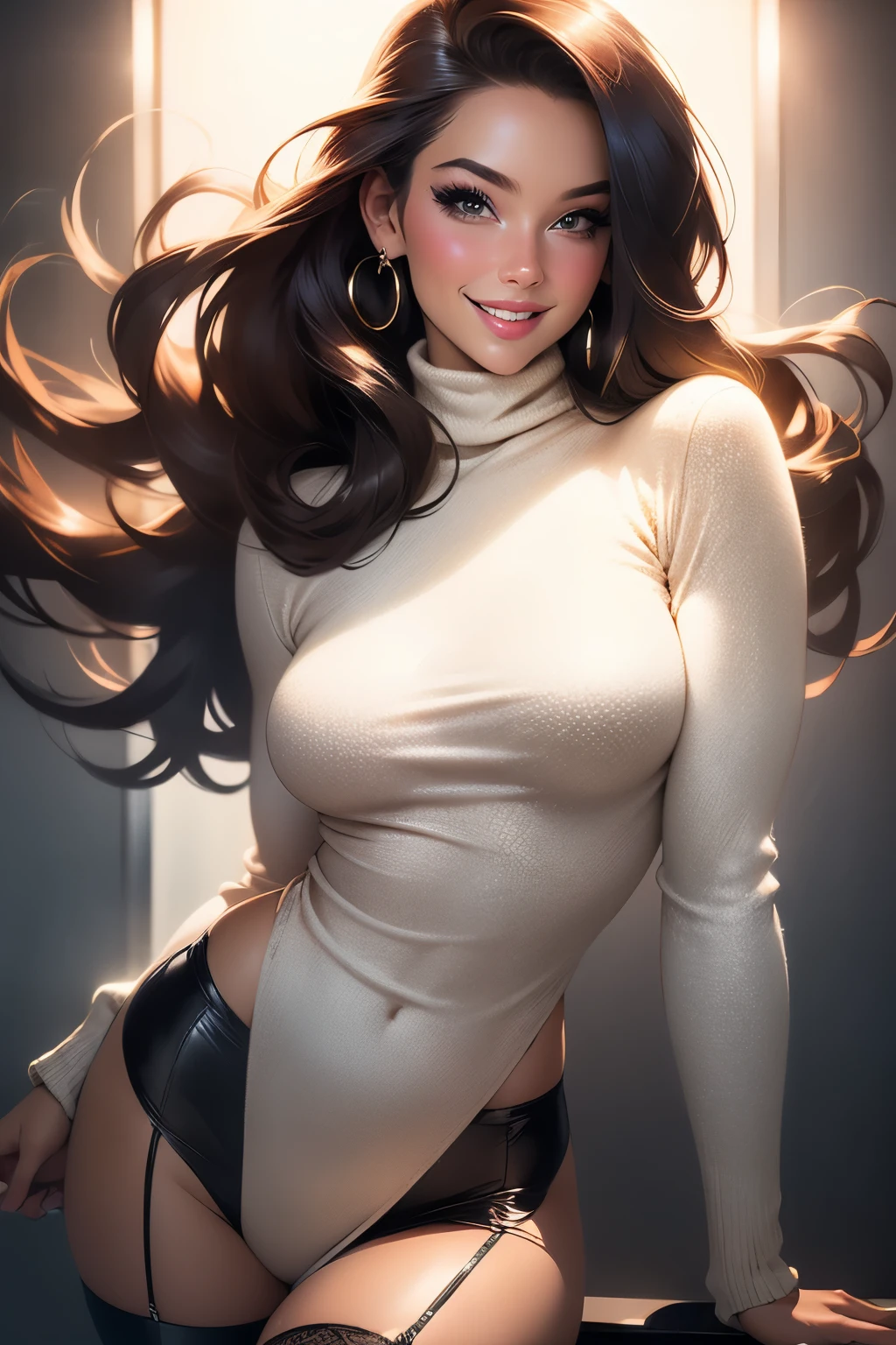 (realistic,photorealistic:1.37),woman,turtleneck sweater wearing,garter belt wearing,sexy pose,smiling face,detailed eyes,detailed lips,fashionable look,long hair flowing in the wind,contemporary background,studio lighting,vivid colors