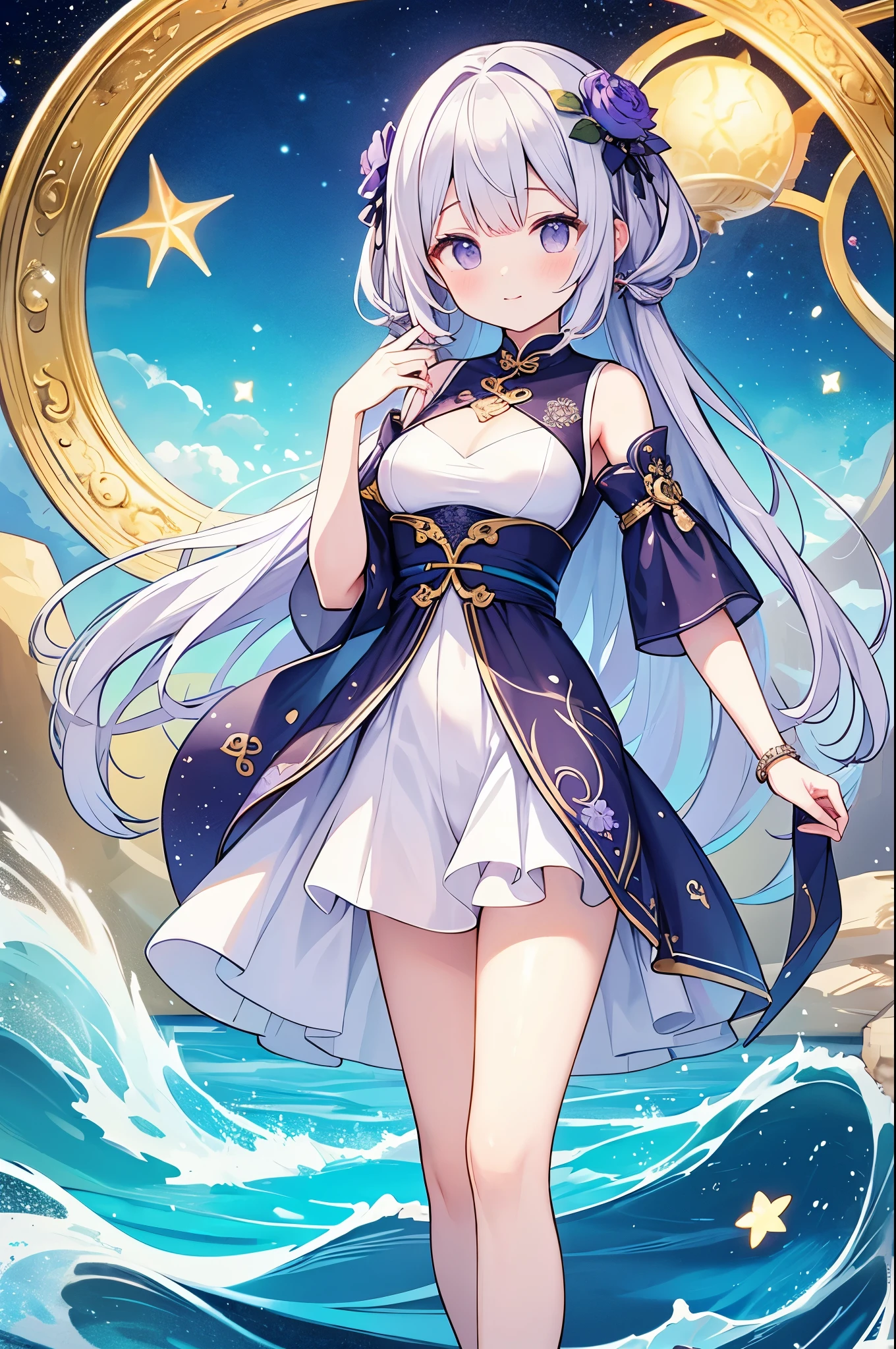 （masterpiece）、(highest quality)、((Super detailed))、(super delicate)、cute、Pastel colors hair、beautiful breasts、Gorgeous、fantastic sea of stars、Golden, silver and purple cheongsam
