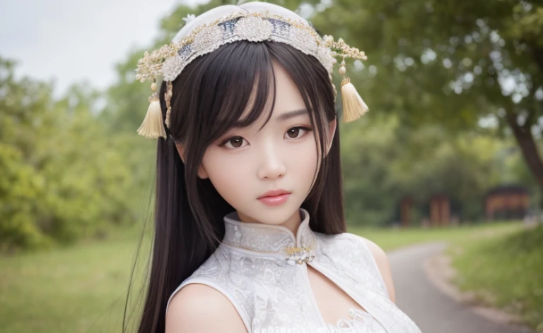 best quality, 8k, Beautiful girl on the roadside，Traditional beauty，Young girl，Chinese skirt，lace dress，Casual skirt, Highly detailed facial and skin textures, delicate eyes, Just one person，Chinese girl，The costumes are detailed and complete，slim body，Natural expressions，Soft light and shadow，The proportions of the characters are reasonable，Normal human eyes，Eyes are delicately drawn，Delicate facial details，Detailed sculpting of upper body，Attention to detail，The texture is delicate，vivid emotional description，meticulous detail。