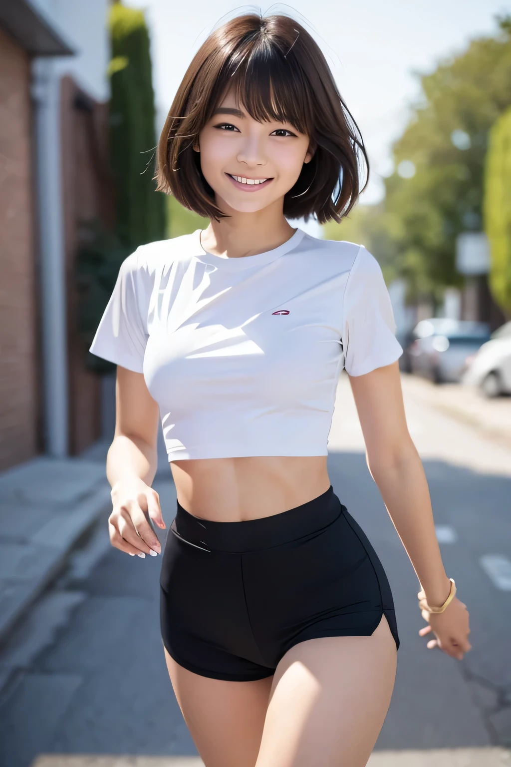 narrow eyes, straight hair, 1 girl, 17 year old girl, small eyes:1.3, narrow eyes:1.3, beautiful breasts:1.5、highly detailed eyes:1.2)、(beautiful breasts:1.1), (short hair:1.1), bangs, tight waist, alone, looking at the viewer, light smile, (White Running Shirt, Black Short Spats), laughter, (squint your eyes), (small breasts:1.4)