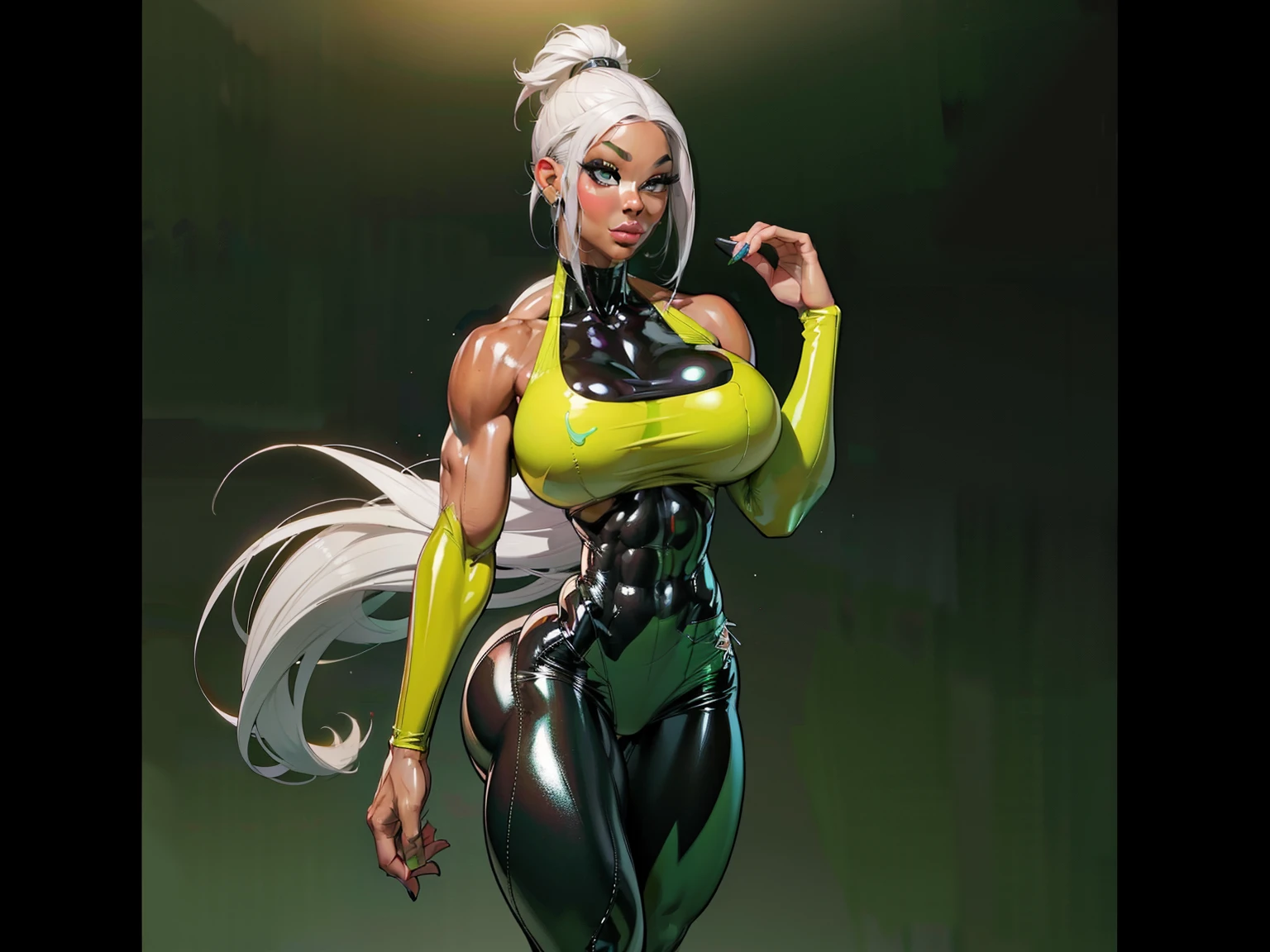  Generate an illustration of a mature Jade Cargill, ((wwe)),  silver hair ,  (black skin), de terno preto, (bikini:1.3), short hair, hair combed back, (gigantic breasts:1.3), in anime format with a serious style, (green Leggings), ((white and black bikini)), black boots, gothic make up, masterpiece, ((dark lighting)), black background, (puffy lips),((slendered abs)), beautiful face,