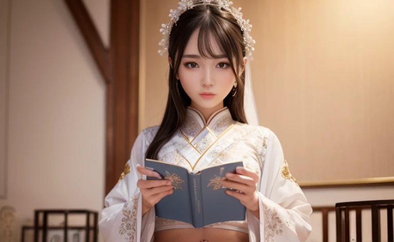 best quality, 8k, Beautiful girl reading a book，Traditional beauty，Young girl，Chinese skirt，white dress，Casual skirt, Highly detailed facial and skin textures, delicate eyes, Just one person，Chinese girl，The costumes are detailed and complete，slim body，Natural expressions，Soft light and shadow，The proportions of the characters are reasonable，Normal human eyes，Eyes are delicately drawn，Delicate facial details，Detailed sculpting of upper body，Attention to detail，The texture is delicate，vivid emotional description，meticulous detail。