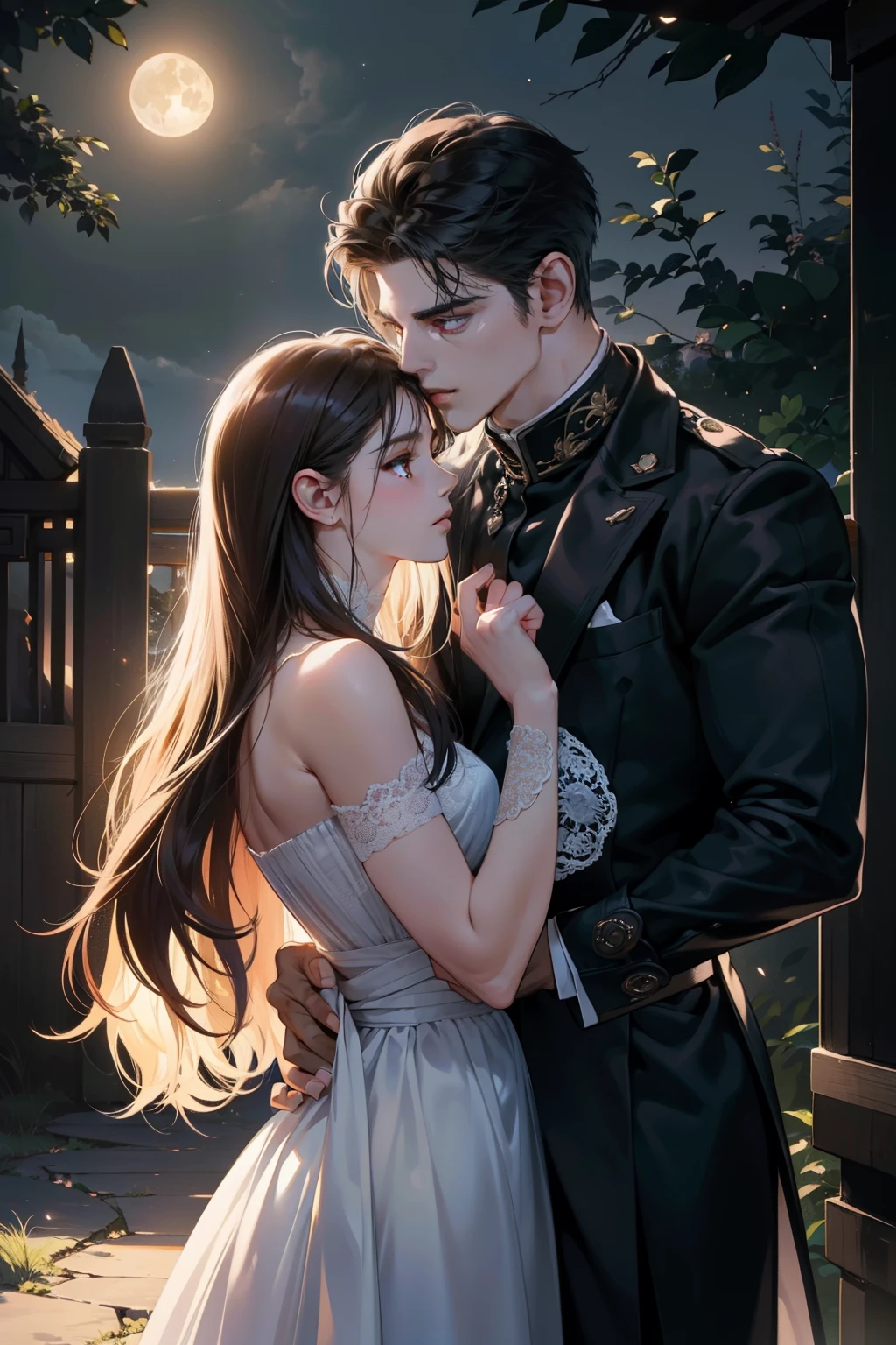Teen Wolf, a male werewolf holding a beautiful girl under the exquisite features of a moonlit night. His chiseled jawline and piercing eyes were illuminated by the soft glow of the moon, casting intriguing chiaroscuro shadows on his perfectly sculpted face. With a smart look in his eyes, the werewolf lovingly gazed into the anime-inspired, hyperrealistic beauty of the girl's features. The scene radiated romance as they stood in the midst of a very romantic background. Every detail of their bodies and the surroundings were rendered with extreme care, displaying high detail and sharp focus. (Photo realistic: 1.2), (extremely