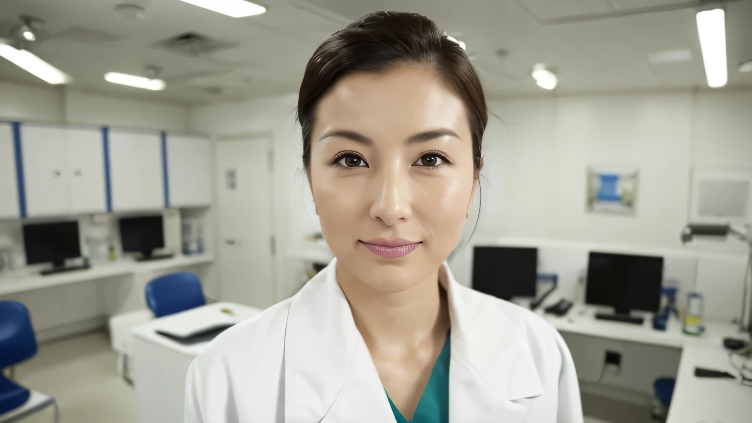 (photo taken:1.2)、(Photoreal:1.4)、(masterpiece:1.3)、(highest quality:1.4)、ultra high resolution、(fine eyes)、(detailed facial features)、(Detailed features of the wear)、(look at the camera)、8K resolution、focus only、(She is Japanese in her 50s)、(She is a nurse at a beauty clinic.、wearing a white coat)、(she is sitting at a white office desk)、(She stares straight ahead、Have a serious look.)、(Wearing a doctor's lab coat)、(The background is a clean and tidy examination room with white walls in a hospital..)