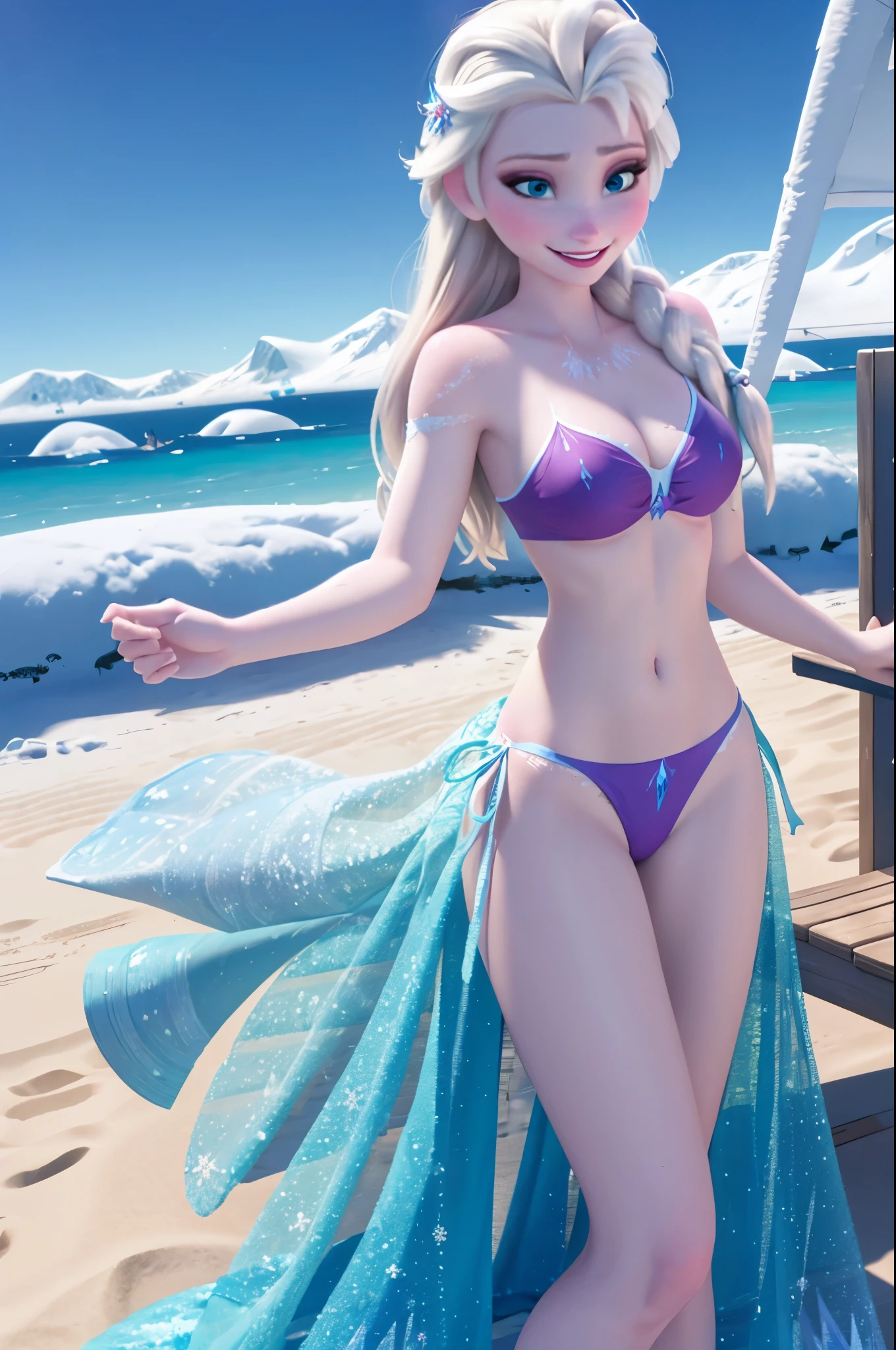 Elsa from Frozen ((bikini)) at a snowy beach, smiling, fun ((masterpiece)) ((best quality)) ((highly detailed))