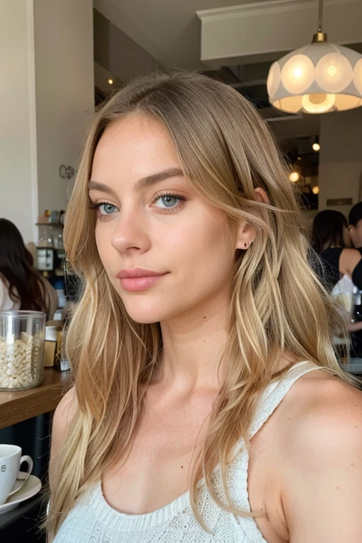 a young woman with long platin blond hair and blue eyes, in the style of precisionist, wavy, textural layering, light amber and pink, olive cotton, flattering lighting, effortlessly chic, in cafe, looking away