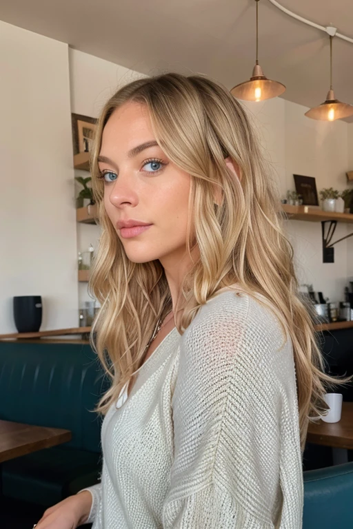a young woman with long platin blond hair and blue eyes, in the style of precisionist, wavy, textural layering, light amber and pink, olive cotton, flattering lighting, effortlessly chic, in cafe, looking away