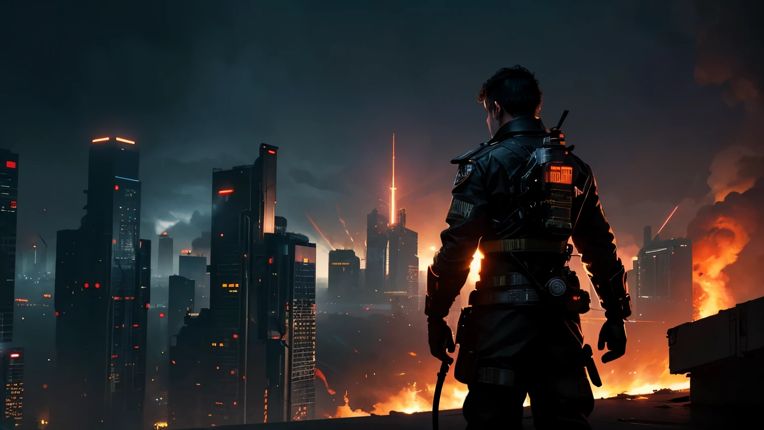 Surreal, Realistic texture, dramatic lighting, (best quality:1.1), depth of field, at night, In a futuristic cyberpunk city,depth of field, broad light, high contrast, backlight, bloom, light shining, Color difference, sharp focus, flame,firefighter putting out fire