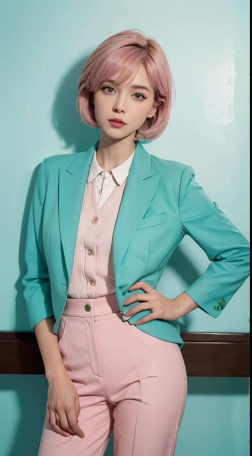 Vogue style photoshoot, Clarity, 4k, 8k, detail, actual, Beautiful Girl, wear mint green pastle blazer, inner wear, mint green pastle pants, black lips, pink and blue mullet haircut, Perfect body, thigh, stand, pose standing, medium chest, Wes Anderson style, pastle color background in Wes Anderson style