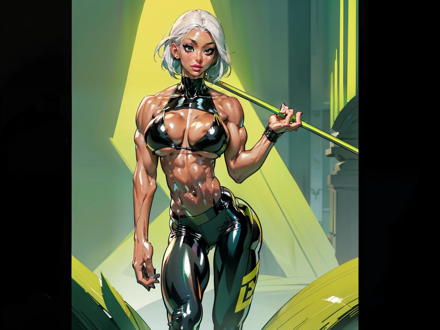 Generate an illustration of a mature Jade Cargill, ((wwe)), silver hair , (black skin), de terno preto, (bikini:1.3), short hair, hair combed back, (gigantic breasts:1.3), in anime format with a serious style, (green Leggings), ((white and black bikini)), black boots, gothic make up, masterpiece, ((dark lighting)), black background, (puffy lips),((slendered abs)), beautiful face,