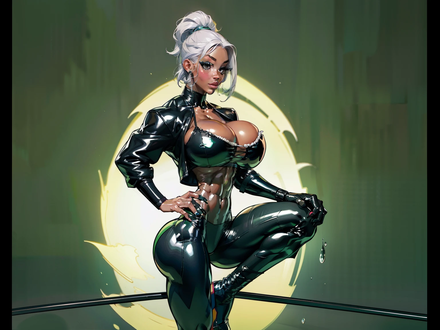  Generate an illustration of a mature Jade Cargill, ((wwe)),  silver hair ,  (black skin), de terno preto, (bikini:1.3), short hair, hair combed back, (gigantic breasts:1.3), in anime format with a serious style, (green Leggings), ((white and black bikini)), black boots, gothic make up, masterpiece, ((dark lighting)), black background, (puffy lips),((slendered abs)), beautiful face,