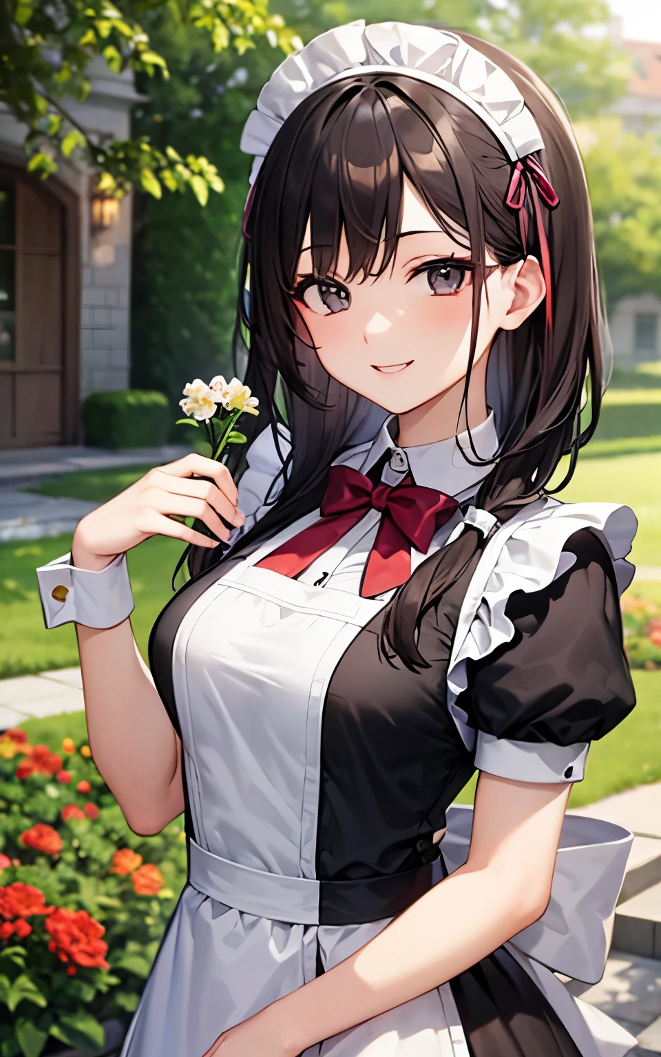 beautiful girl、Mansion garden、Maid clothes、Upper body is shown、Dazzling smile、