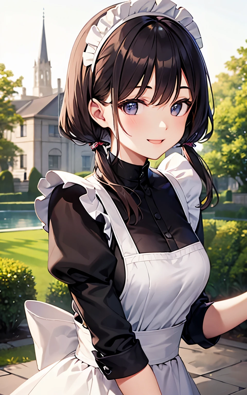 beautiful girl、Mansion garden、Maid clothes、Upper body is shown、Dazzling smile、
