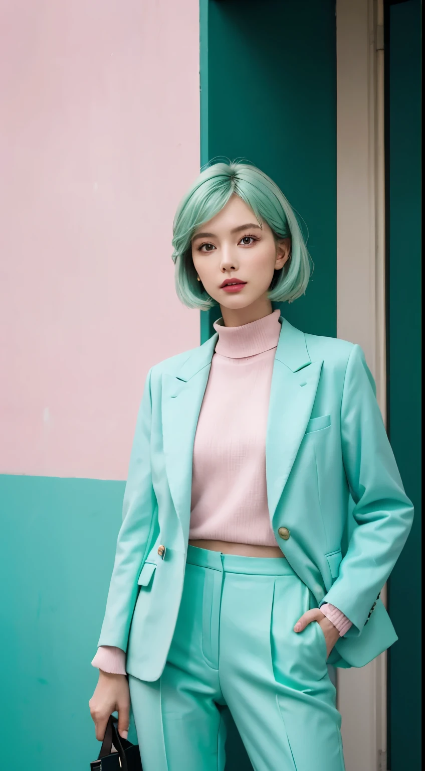 Vogue style photoshoot, Clarity, 4k, 8k, detail, actual, Beautiful Girl, wear mint green pastle blazer, inner wear, mint green pastle pants, black lips, pink and blue mullet haircut, Perfect body, thigh, stand, pose standing, medium chest, Wes Anderson style, pastle color background in Wes Anderson style
