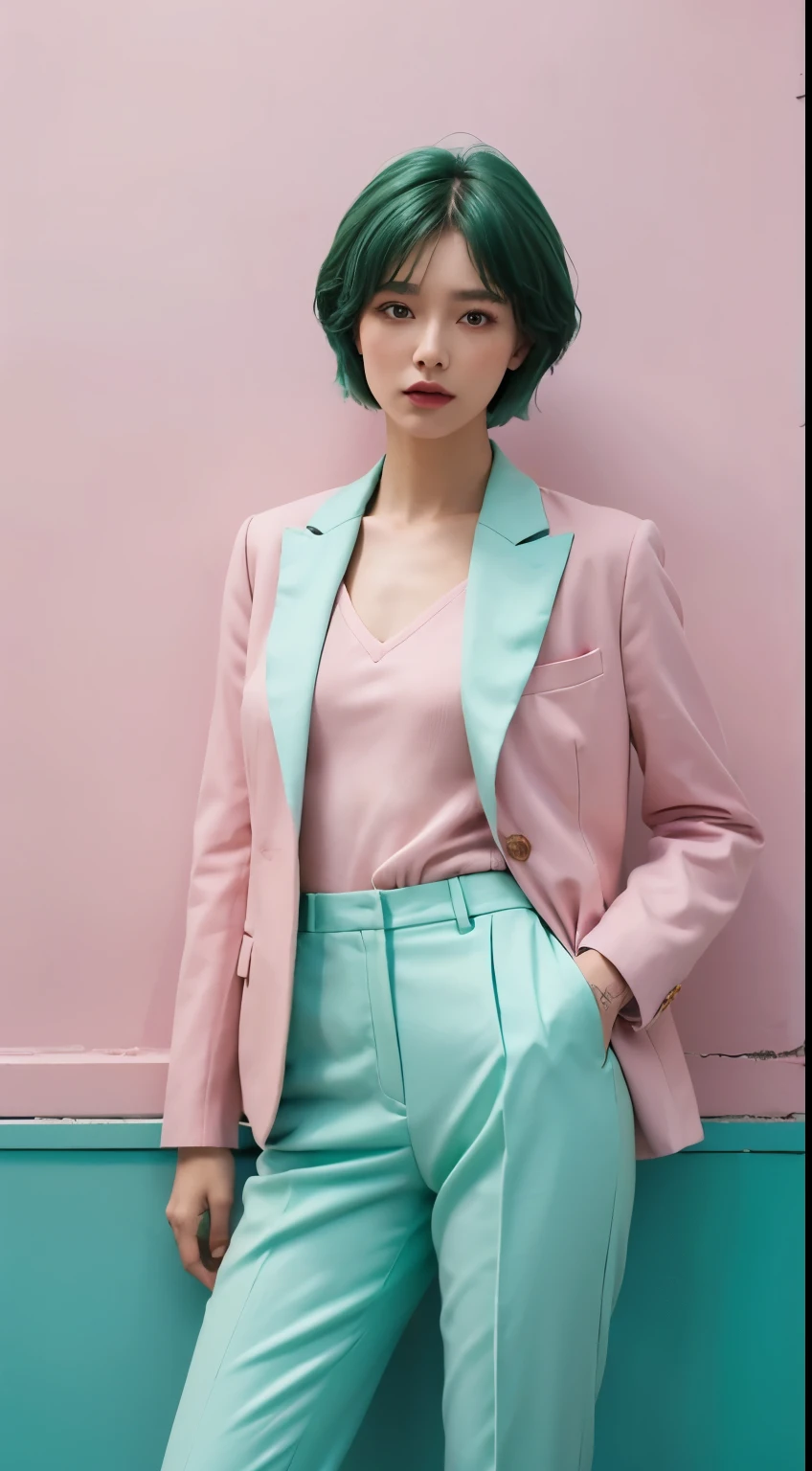 Vogue style photoshoot, Clarity, 4k, 8k, detail, actual, Beautiful Girl, wear mint green pastle blazer, inner wear, mint green pastle pants, black lips, pink and blue mullet haircut, Perfect body, thigh, stand, pose standing, medium chest, Wes Anderson style, pastle color background in Wes Anderson style