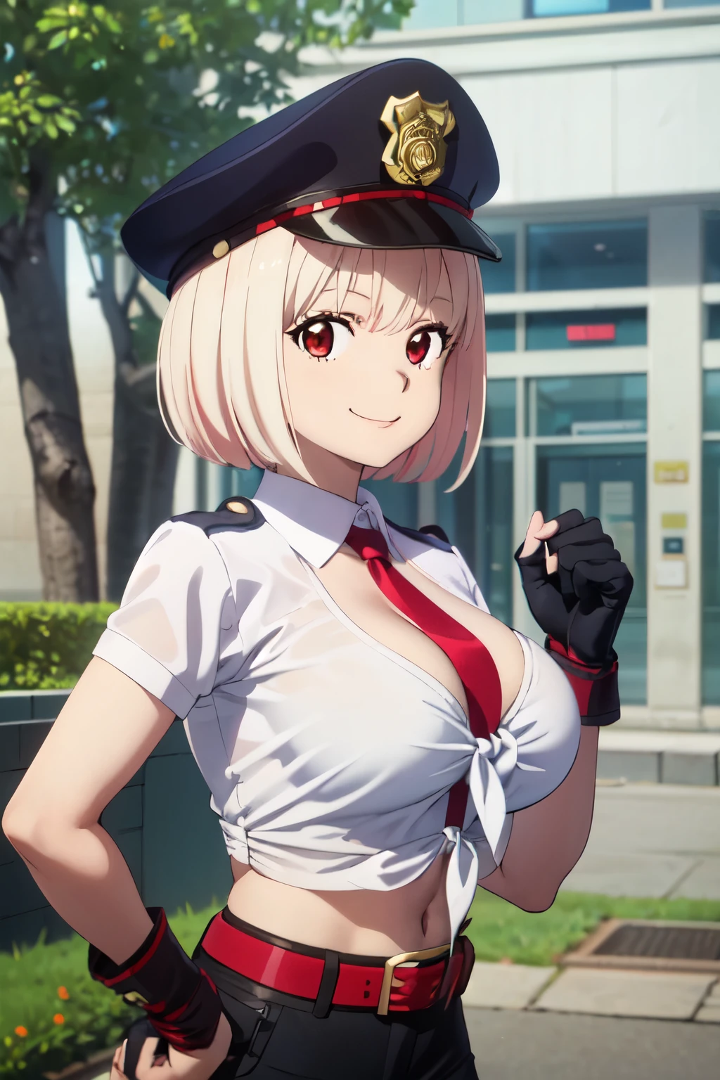 (((pixel perfect, detail perfect))), alone, 1 girl, Chisato Nishikigi, looking at the viewer, smile, Upper body、black police peaked cap, Police, cleavage, Midriffs, white shirt, front-tie top, red eyes, short purple hair, Black High-waist shorts, (red belt:1.2), black fingerless gloves, black boots,