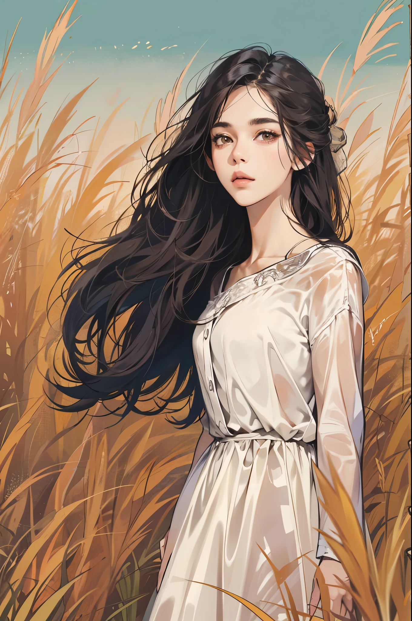 (absurdres, highres, ultra detailed, realistic, ), 1 girl, solo, elegance, long black hair, dress, brown eyes, sky and grass background, ultra - detailed, best quality, Detailed diagram, vectorized, 8K, Graphic design, vector lines, Full-HD