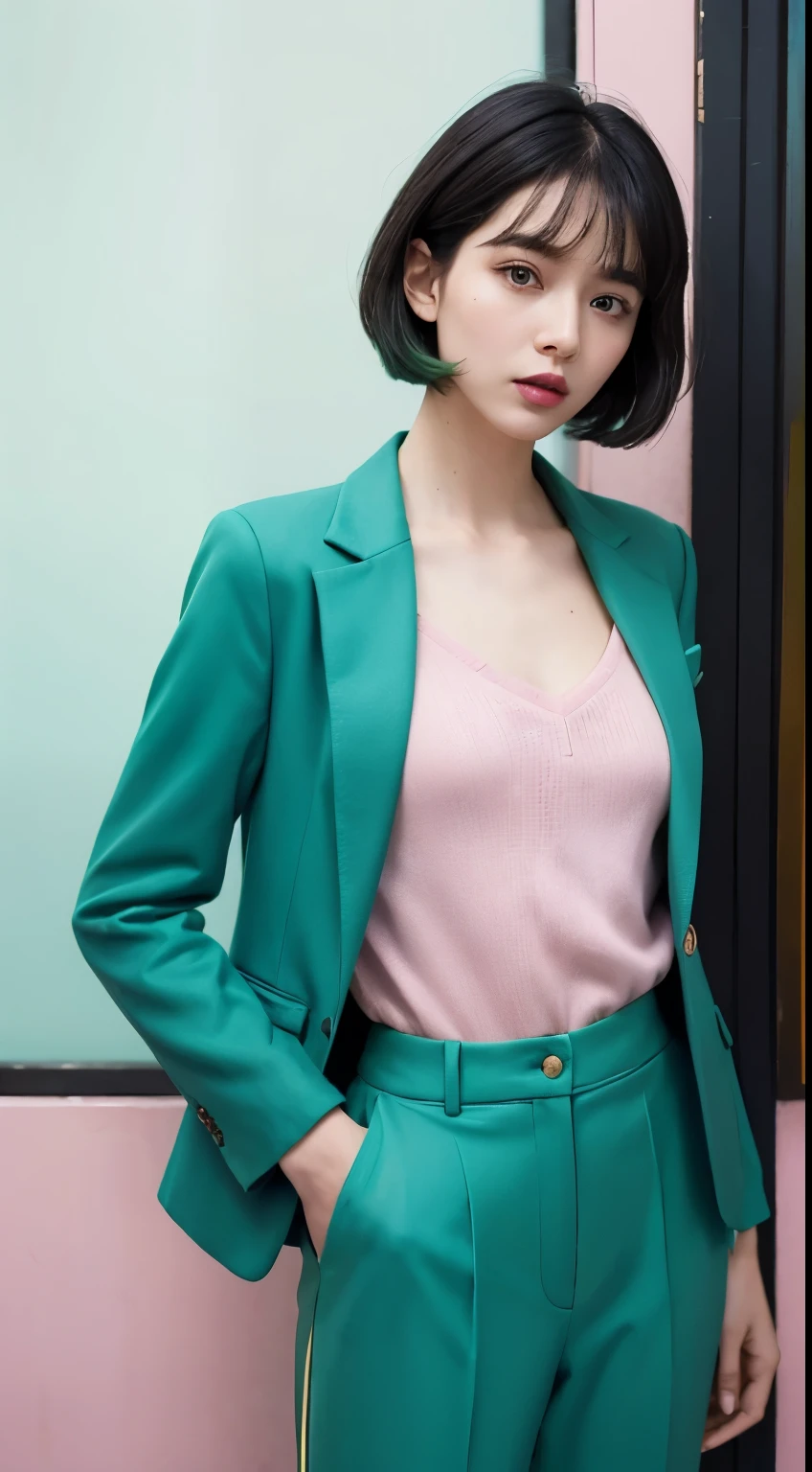 Vogue style photoshoot, Clarity, 4k, 8k, detail, actual, Beautiful Girl, wear green pastle blazer, inner wear, green pastle pants, black lips, pink and blue mullet haircut, Perfect body, thigh, stand, pose standing, medium chest, Wes Anderson style, pastle color background in Wes Anderson style