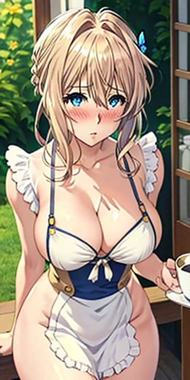 1girl, solo, blonde hair, butterfly hair ornament, (naked:1.3), (white apron), large breasts, cleavage, thighs, cafe background, (blushing:1.3),blue eyes, Violet Evergarden, standing, realistic eyes, perfect shaped beautiful body